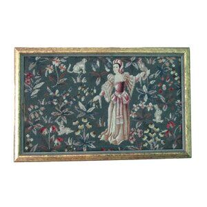 Medieval Lady Falconer Needlepoint Art In Antique Gold Frame GUC